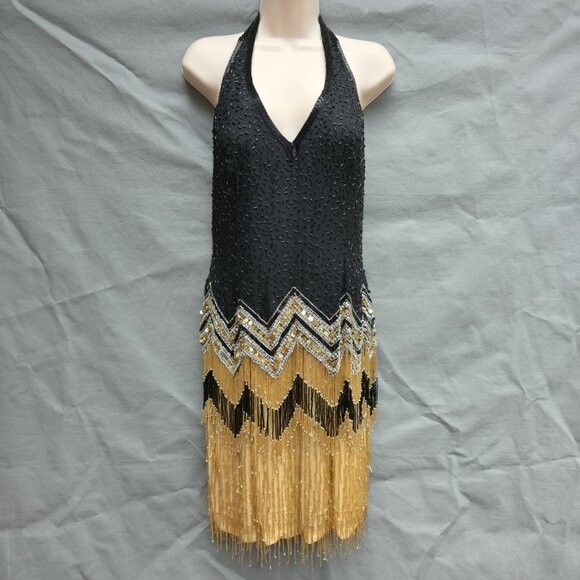 Vintage Niteline by Della Roufogali Black Gold Beaded Fringe Cocktail Dress - Picture 1 of 12